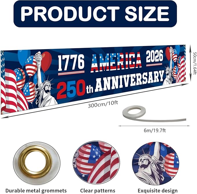 250th Anniversary American Banner Flag, 4th of July Decorations,1776-2026 USA 250th Birthday Premium Banner with Grommets, Decorations for Outdoor, Indoor, Yard, Garden, Porch (Style 1)