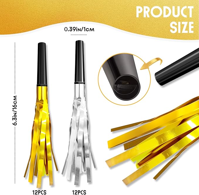 24-Pack Gold and Silver Noise Makers | Elegant Glitter & Metallic Fringed Party Blowers for Adult Events – Birthday, Graduation, Sports & New Year’s Favors