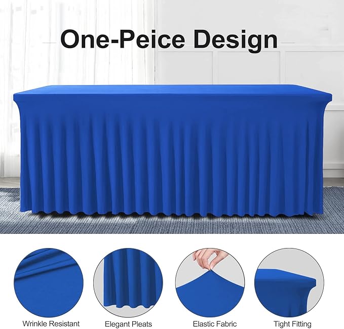 Table Skirts for Rectangle Tables 8ft - One-Piece Royal Blue Tablecloths and Skirt, Wrinkle Resistant Ruffles Elastic Cover for Banquets, Weddings, Events, Parties