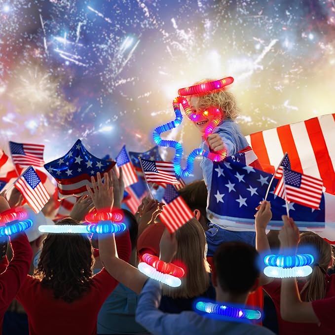 Patriotic Accessories Toys Gifts for Kids ＆ Adults 9 PCS, Red White Blue Light up Pop Tubes Neon Bracelets Necklaces for Parade Throws, USA Party Favors Supplies Decorations for Labor Veterans Day
