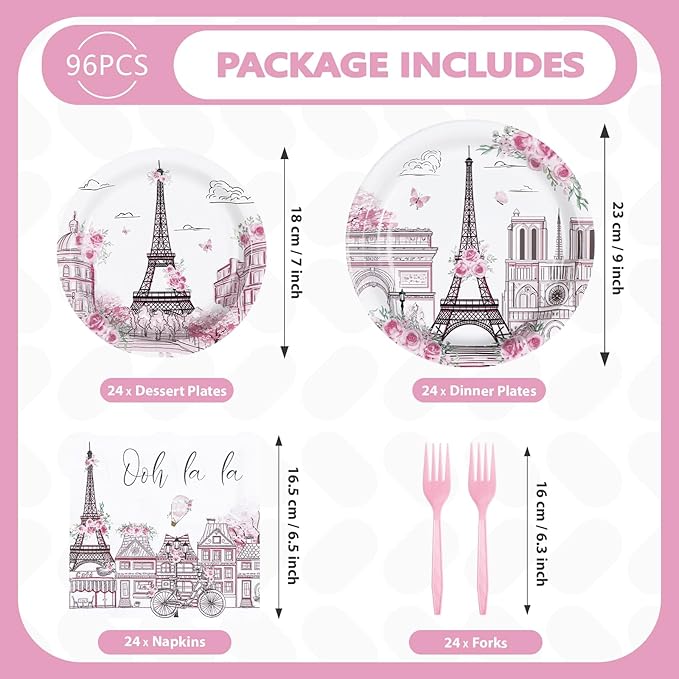 96Pcs Paris Theme Party Decorations Eiffel Tower Plates and Napkins Pink Rose Oh La La Birthday Decorations for Valentine's Day Paris Themed Bridal Shower Weddings Baby Shower Party Supplies Serves 24