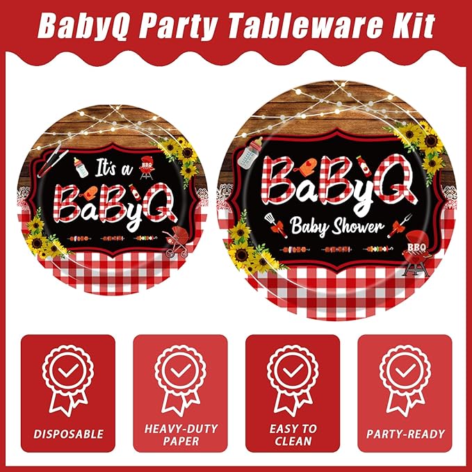 96 Pcs BBQ Baby Shower Decorations, It’s A BabyQ Party Plates and Napkins Supplies Set Sunflower Rustic Wood Barbecue Baby Shower Gender Reveal Picnic Party Disposable Tableware Kit, Serves 24
