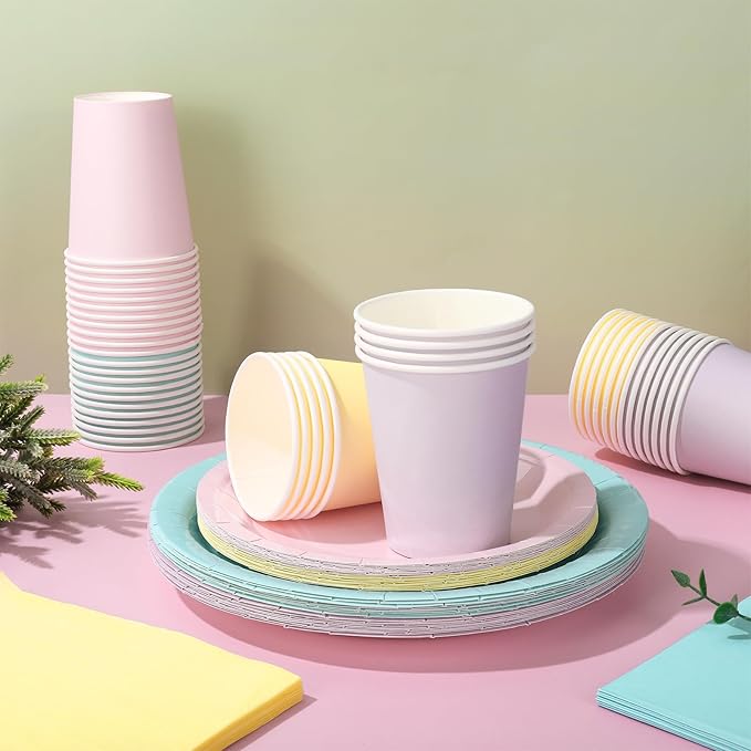 Whaline 244Pcs Pastel Rainbow Tableware Set Serves 48 4 Colors Disposable Dinnerware 48 9" Plates 48 7" Plate 48 9oz Cups 100 Napkins for Spring Easter Wedding Birthday Party Supplies