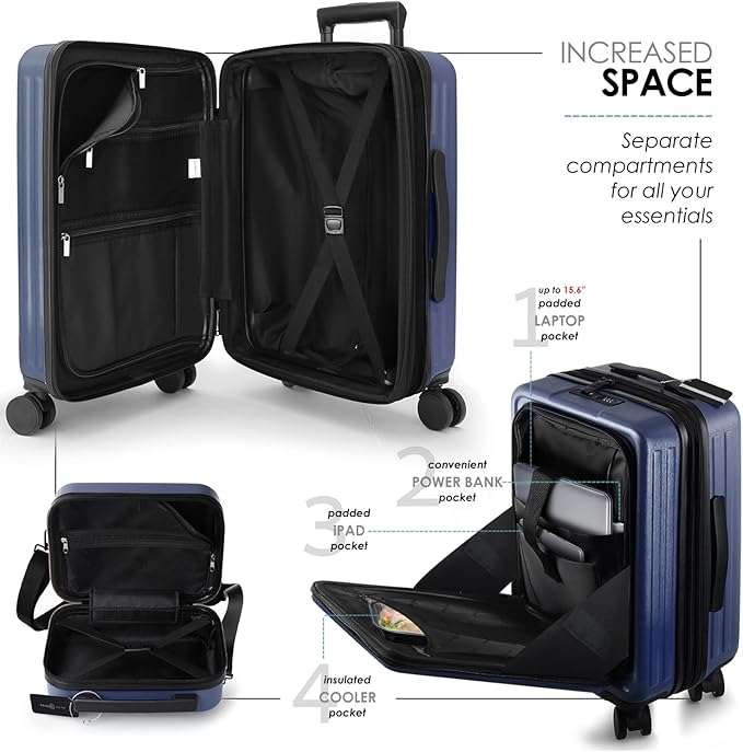 TRAVELARIM 20 Inch Carry On Luggage 22x14x9 Airline Approved, Carry On Suitcase with Wheels, Hard-shell Carry-on Luggage, Durable Luggage Carry-On, Navy Small Suitcase with Cosmetic Case