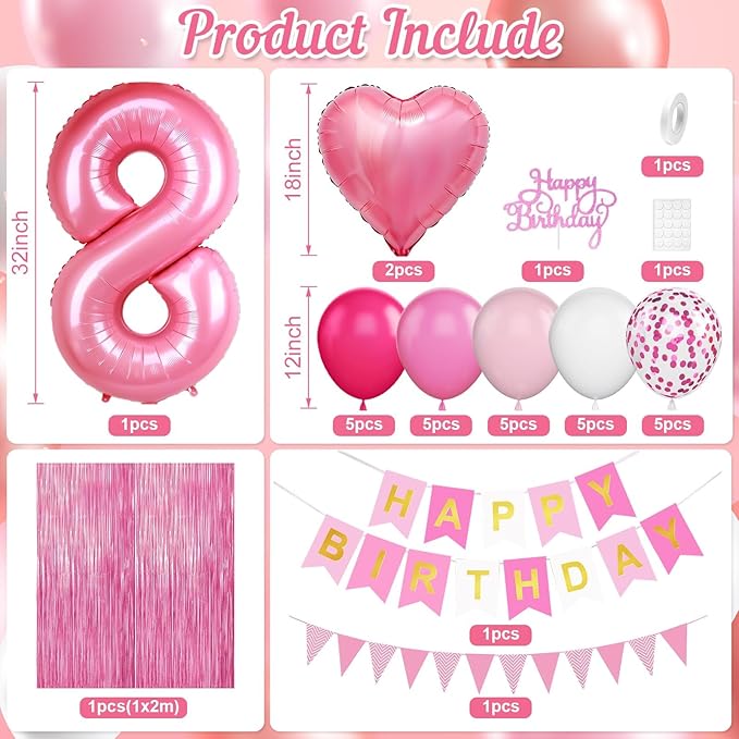 8th Birthday Decorations for Girls: Hot Pink Balloons, Happy Birthday Banner, Fringe Curtain, Cake Topper, Heart Balloons