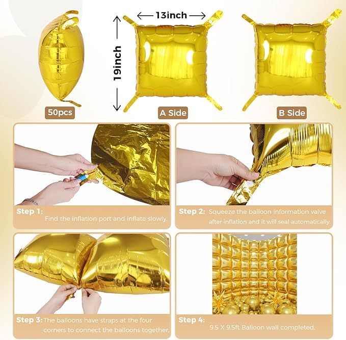 50pcs Metallic Gold Square Foil Balloons Wall Backdrop with 79pcs Metallic Gold Balloon Garland Arch Kit, Double Sided Balloon Tunnel for Anniversary Graduation Birthday New Year Decorations