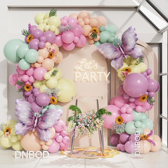 144Pcs Pastel Pink Purple Butterfly Balloon Arch Garland Kit,with Big Butterfly Foil Balloons,for Spring Floral Fairy Wonderland Baby Shower Girl Princess Birthday Tea Party Decorations