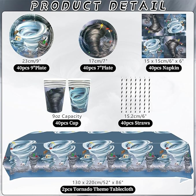 KEFAN Tornado Birthday Party Decorations, Tornado Theme Party Tableware Supplies including Plates, Cups, Napkins, Tablecloth (40)