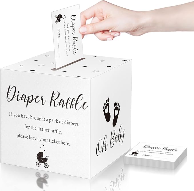 Funrous 51 Diaper Raffle Tickets with Box for Baby Shower Game Invitations Diaper Raffle Card for Gender Reveal Baby Shower Party Decoration Table Centerpiece(White Color)