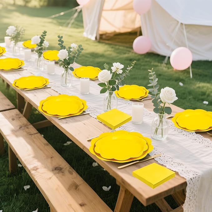 96 Pcs Yellow Paper Plates and Napkins Set Party Supplies, Tableware set for 24 Guest include Disposable Yellow Scalloped Plates, Napkins and Forks for Baby Shower Picnic Wedding Easter