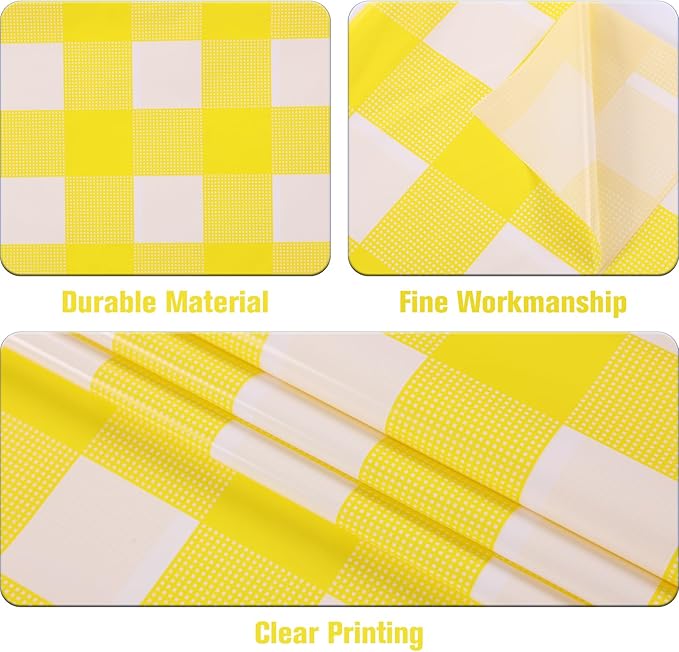 Kesfey 3 Packs Yellow Gingham Tablecloth 54 x 108 Inches Yellow and White Checkered Table Cloths Disposable Plastic Gingham Tablecovers Waterproof Rectangle Picnic Plaid Table Cover for Camping Party