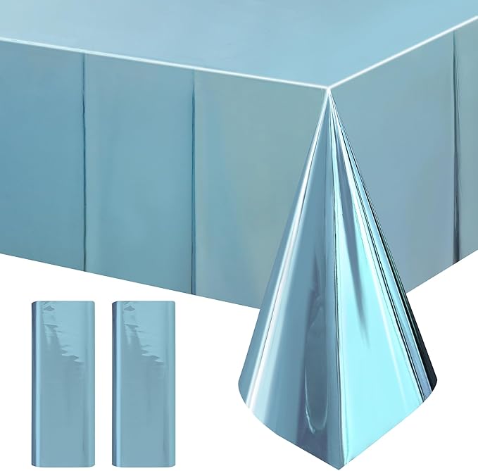 2Pcs Light Blue Foil Metallic Tablecloth Shiny Party Table Cloth 54" X 72" Disposable Rectangle Decoration for Thanksgiving Christmas Graduation Birthday Pary