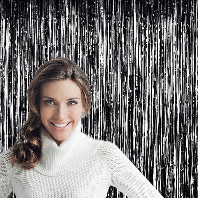 LILF Black Foil Fringe Party Backdrop - 6.5x6.5ft, Pack of 2 | Metallic Black Tinsel Streamers for Birthday, Graduation Parties Decoration