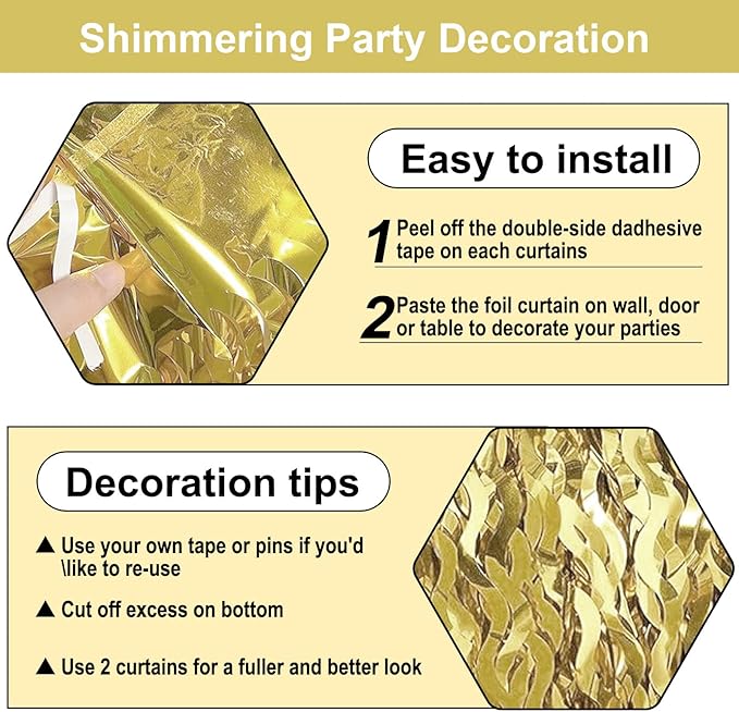 4 Pack Light Gold Wave Foil Fringe Curtain Backdrop, 3.28Ft x 8.2Ft Metallic Tinsel Foil Fringe Streamer Curtains for Photo Booth, Mother's Day, Easter, Birthday, Wedding Party Decoration