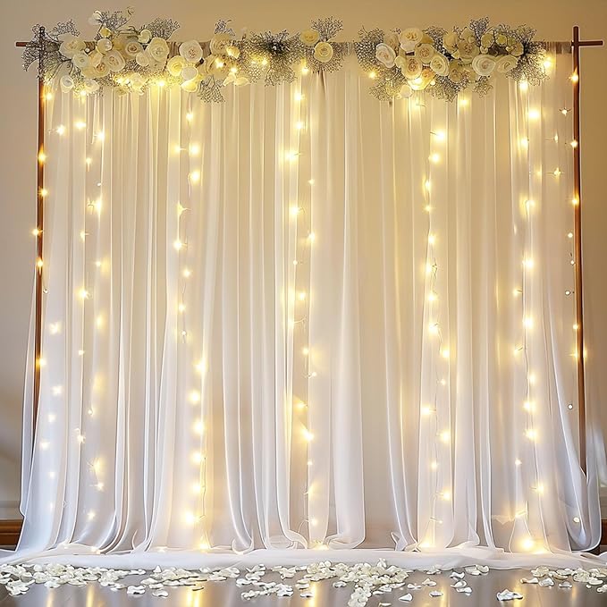 10 FT x 8 FT White Backdrop Curtain - Tulle Backdrop Curtain with 9.8FT Lights String - Sheer Backdrop Curtains with 4 Inch Rod Pockets for Birthday Weddings Baby Shower Celebration Party Decorations
