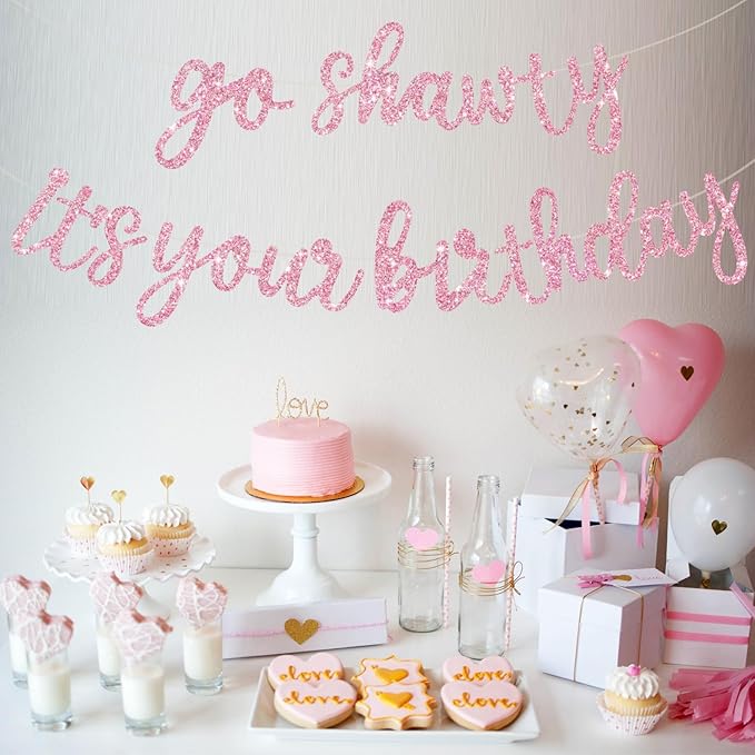 BEISHIDA Go Shawty It's Your Birthday Banner NO DIY Hip Hop Theme Happy Birthday Banner Pre-Strung Rap Theme Happy Birthday Sign for Man Women birthday Party Supply Glitter Pink