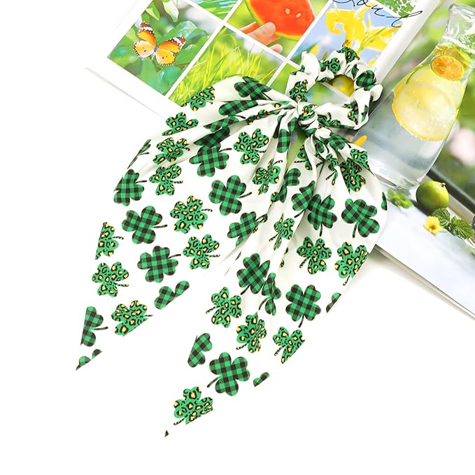 St.Patrick's Day Hair Ties for Woman Girls Green Shamrock Ribbon Hair Scrunchies Elastic Irish Lucky Leaf Hair Tie St.Patricks Party Supplies Hair Accessories 2PCS