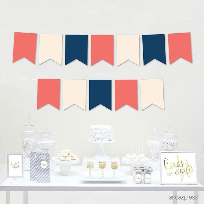 Andaz Press Hanging Pennant Banner with String, Coral, Navy, Ivory, 1-Set, 24 Pennants, Approx. 12-Feet Long