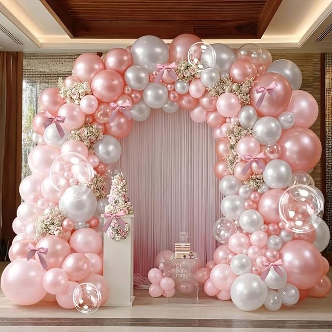 Light Pink White Balloon Arch-Double Stuffed Pastel Baby Pink White Pearl Balloons with Bow Clear Balloon Arch Kit for Birthday Baby Shower Bridal Wedding Mother's Day Party Decorations