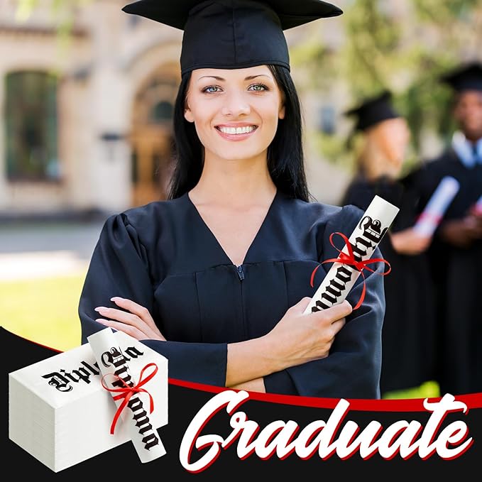 100 Set Graduation Diploma Guest Napkins Red Black and White Rolled Silverware Disposable Grad Award Dinner Napkin with Ribbon and Scissors for Celebration (diploma, Red, 100 Pcs)