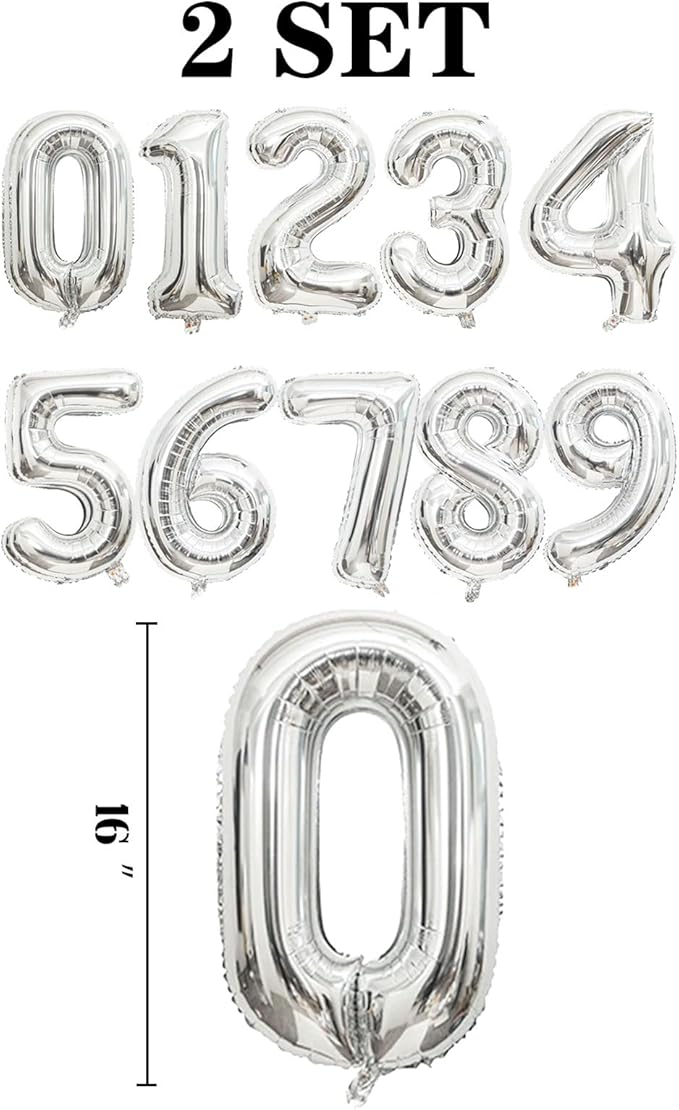 2 Set 20 Pcs Number Balloons 16 Inch Silver 0-9 Number Mylar Foil Balloons Silver Custom Digital Balloons for Birthday Party Engagement Graduations Anniversary Baby Shower Decor Party Supplies