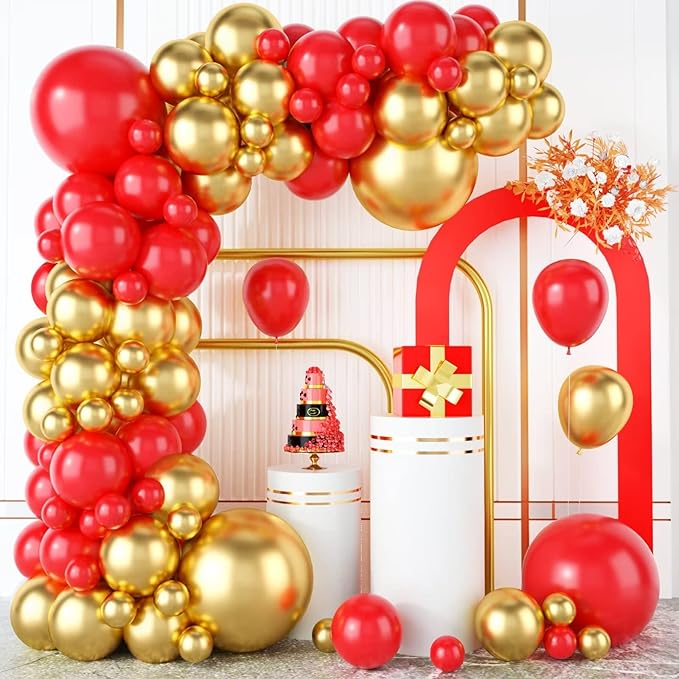Red and Gold Balloon Arch Kit, Metallic Gold and Red Balloon Garland Kit, 100 Pcs Balloons Different Sizes for Valentines Wedding Bridal Shower Anniversary Bachelorette Party Decorations