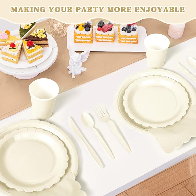 Vyntra 175 Pcs Ivory Disposable Paper Plates and Napkins Set for 25, 9" Dinner Plates & 7" Dessert Plates, Tableware for Wedding, Bridal Shower, Anniversary, Party