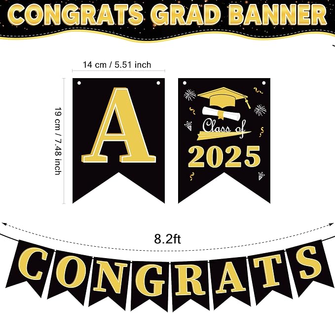 OHOME Graduation Decorations 2025 - Congratulations Banner - 2025 Graduation Party Decorations - Black Gold Congrats Grad Banner Party Supplies