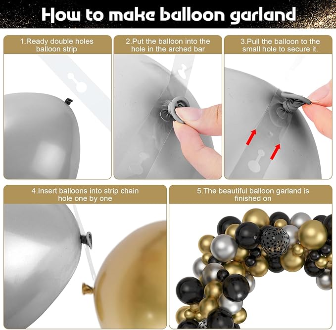 Amandir 145PCS Black and Gold Balloons Garland Arch Kit, 18''12''5'' Silver Metallic Black Gold Foil Balloons for 2026 New Year Men Wedding Anniversary Birthday Graduation Retirement Decorations