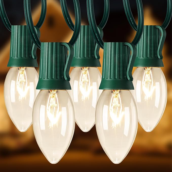 Brightown C9 Clear Christmas String Lights - Outdoor Christmas Tree Lights String - Hanging Christmas Roofline Lights - Patio Lights for Outdoor Decor - Green Wire, 25 Feet