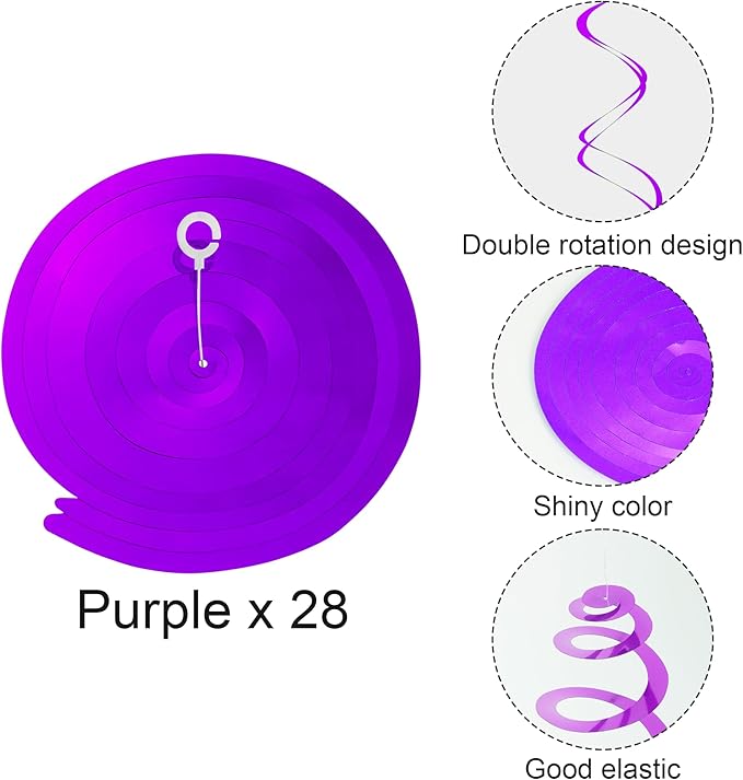Colorful Ceiling Swirl Foil Decorations Hanging Plastic Streamer Themed Swirl Party Decoration for Halloween Celebration, Pack of 28 (Purple)