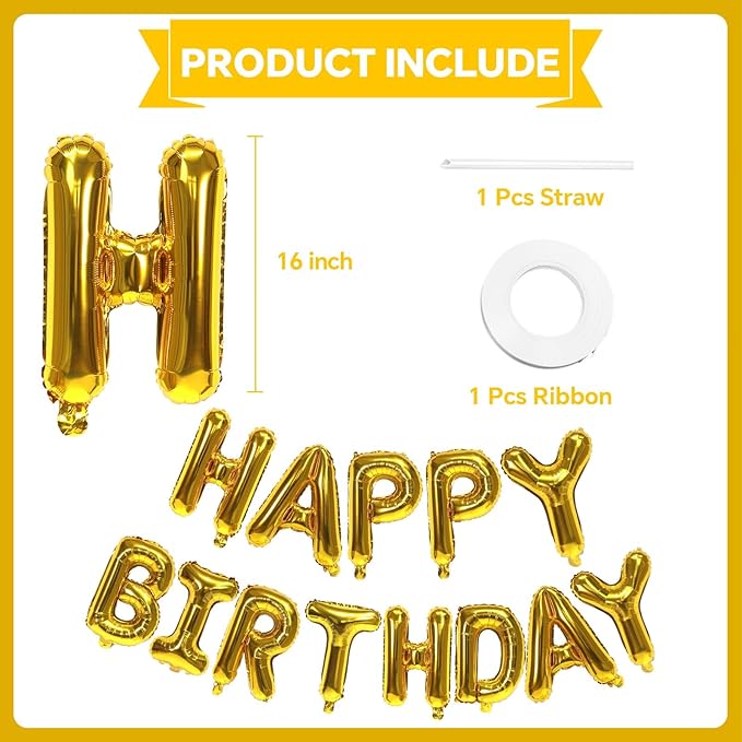 KALOR Gold Happy Birthday Balloons Banner, 16 Inch Mylar Foil Letters Balloon Sign for Birthday Party Decorations Photo Booth Backdrop