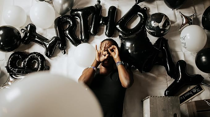 [85 PCS] 16" Black Letter Number Balloons, Happy Birthday & 2 Sets of A-Z 0-9, Foil Mylar Aluminum Hanging Alphabet for Graduation New Year eve Birthday Party Decorations