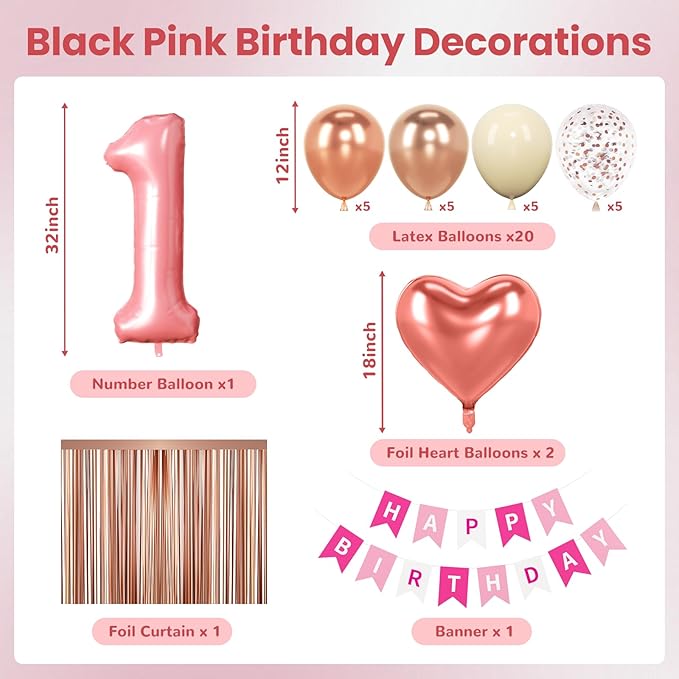 1st Birthday Decorations for Baby Girl, Retro Blush and Hot Pink Party Supplies Set with Happy One Banner, Rose Gold Number 1 Balloon and Foil Fringe Curtains, 1 Year Old Celebration Kit