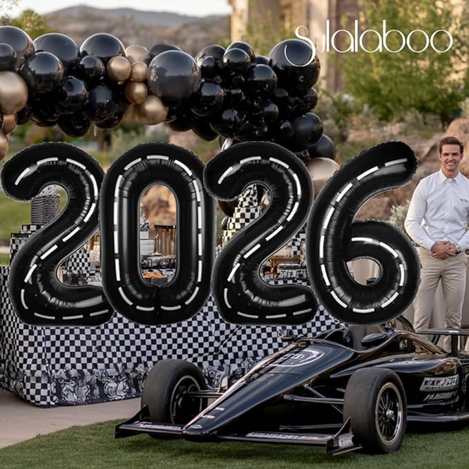 Race Car 40Inch Black 16 Balloon Number Large Helium Race Track 0-9 Giant Digital 16th Foil Mylar Big Party Number Balloons for Boy Birthday Car Theme Party Anniversary Graduation Decorations