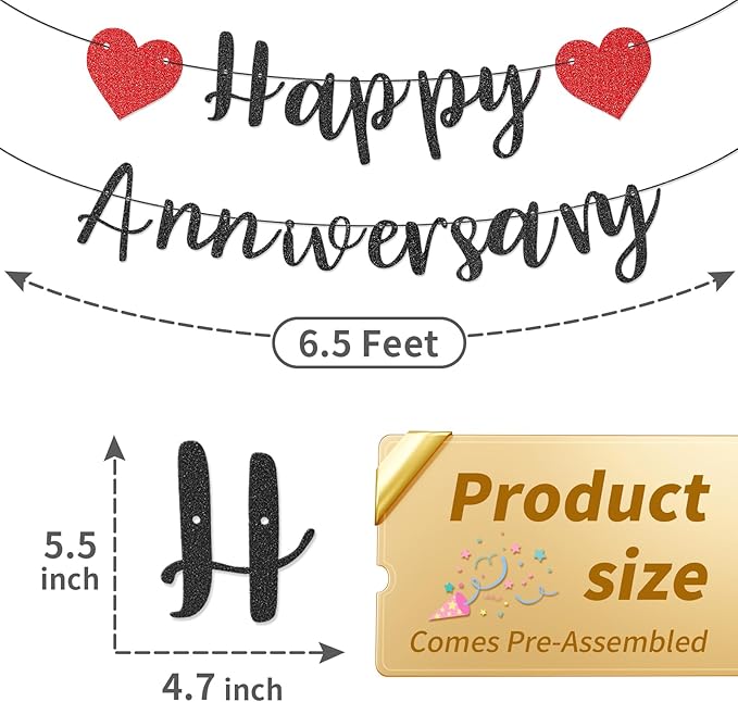 Happy Anniversary Banner, Pre-Strung Party Signs Decorations Glitter Banner for Couple Lovers Weeding Anniverniversary Party Decorations (Black)