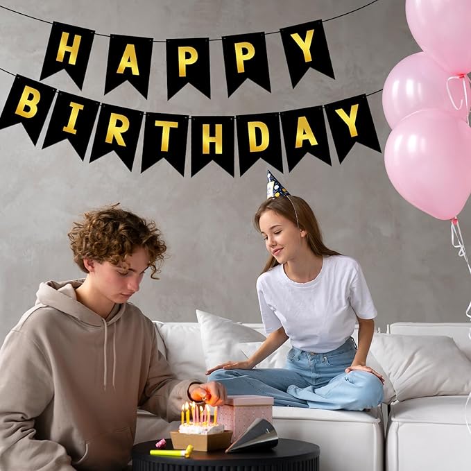Black Happy Birthday Banner Sign Black Gold Bunting Banner Garland for Kids Girl Woman Birthday Tea Party Decorations Bunting Flag Birthday Party Supplies