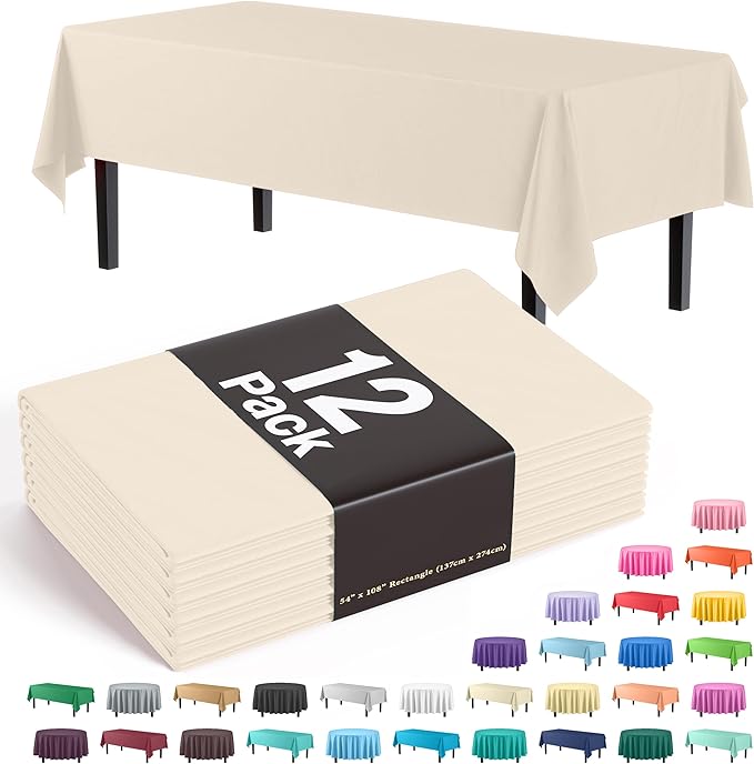 Exquisite 12-Pack Premium Plastic Tablecloth 12-Pack Premium Plastic 54-Inch-by-108-Inch Rectangle Tablecloth, Ivory