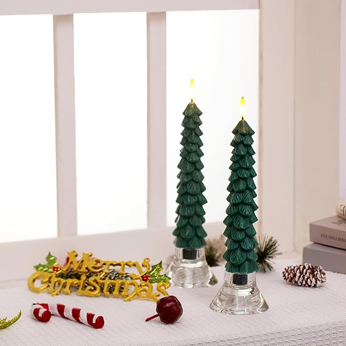 4 PCS Flameless Christmas Tree Candles with Remote Timer, Real Wax Flameless Taper Candles 9.65 Inch, LED Candlesticks with 3D Flickering Flame, Christmas Decor Candles Battery Operated
