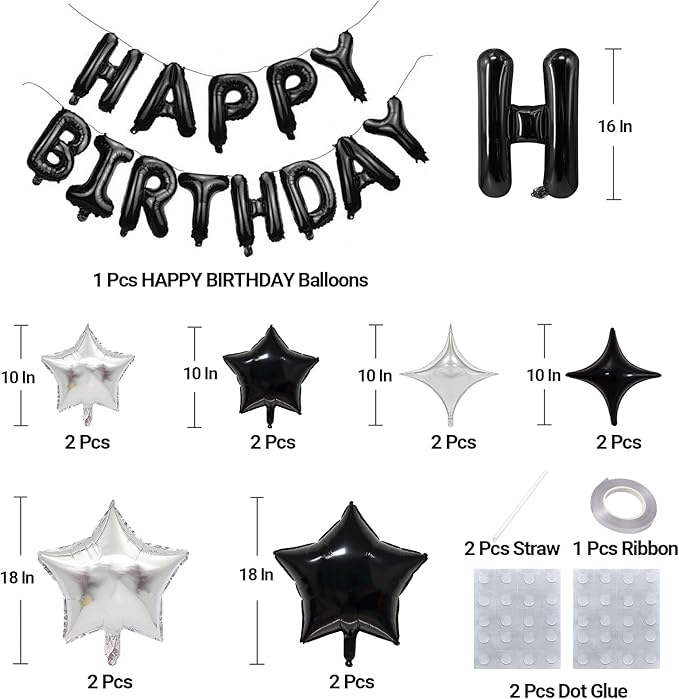 KALOR Black Happy Birthday Balloons Kit with 16 Inch Mylar Foil Letters Balloon and Silver Star Balloons for Birthday Party Decorations Photo Booth Backdrop