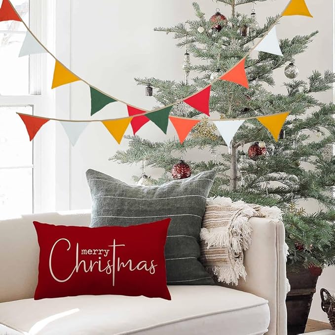2PCS Pennant Banner Bunting Flags, Garland Triangle Banners Fabric for Merry Xmas Party Birthday Wedding New Year Party Supplies Classroom Nursery Playroom Decor (Red and Green)