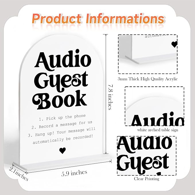 Audio Guest Book Sign, White Arch Acrylic Wedding Sign, Audio Guest Book Wedding Phone, Bridal Shower Decor, Engagement Party Decor, Centerpiece Table Decorations Party for Bride and Groom-6
