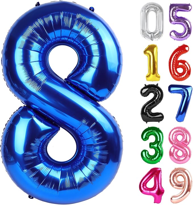Metallic Blue Number 8 Balloon 40 Inch, 8th Birthday Party Decorations for Children, Giant 8 Foil Balloon for Party Supplies