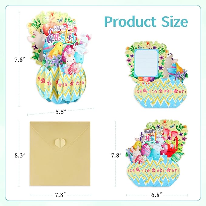 FaCraft Easter Pop Up Cards - Pop Up Easter Greeting Cards for Kids Adults with Golden Envelope, Spring Gift for Daughter Son Friend Family Grandson Granddaughter (3D Bunny & Chick Design)