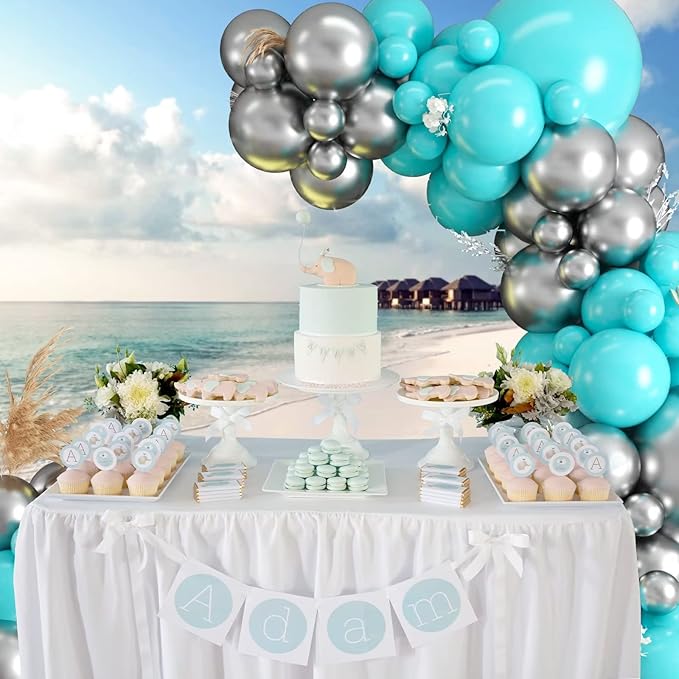 Teal Balloon Garland Kit, 100 Pcs Metallic Silver and Teal Blue Balloon Garland Kit, Turquoise Teal Blue Metallic Silver Balloons Different Sizes for Baby Shower Birthday Wedding Party Decorations