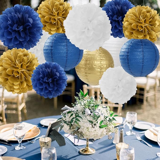 Navy Blue Gold White Paper Flowers Tissue Pom Poms Honeycomb Lanterns 15pcs Royal Party Decorations Birthday Wedding Baby Bridal Shower Bachelorette Graduation Hanging Supplies Mprocherify