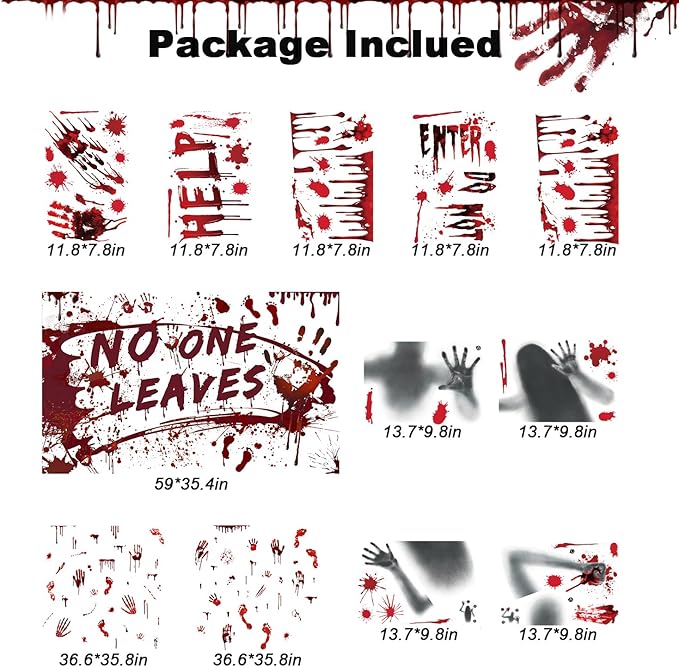 Halloween Decorations Set Bloody Backdrop Banner + Ghost Shadow Blood Footprint Handprint Floor Cling Decal for Bloody Party Spooky Zombie Vampire Party Supply Garage Yard Outdoor Indoor Decor