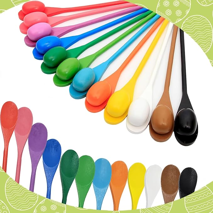 12 Wooden Easter Eggs and 12 Wooden Spoon Race Game Set, 12 Sets, Multi-Player Carnival Game for Kids & Family Activity Holiday Outdoor Yard Easter Egg Hunt Birthday Party Lawn Games