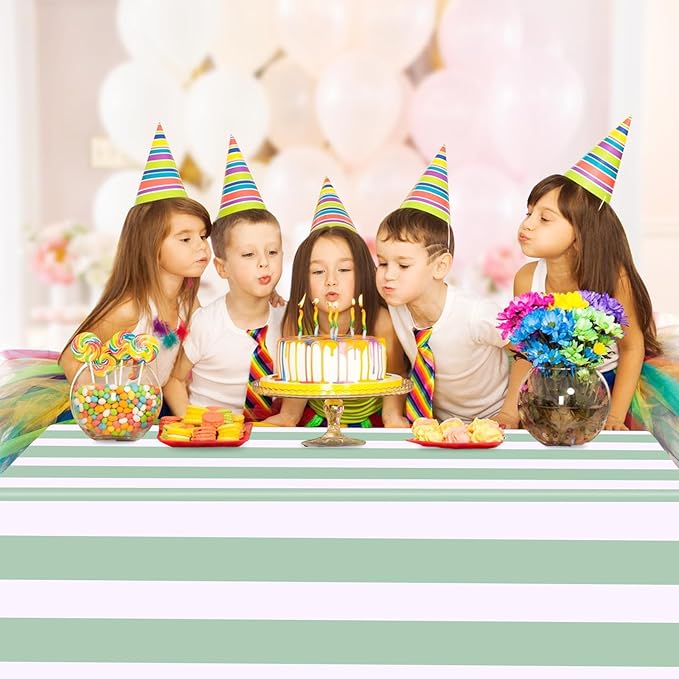 Kesfey 3 Packs Sage Green and White Vertical Striped Table Cloth 54 x 108 Inches Sage Green Stripe Table Cover Disposable Plastic Sage Green Tablecloths Waterproof Picnic Tablecover for Baby Shower