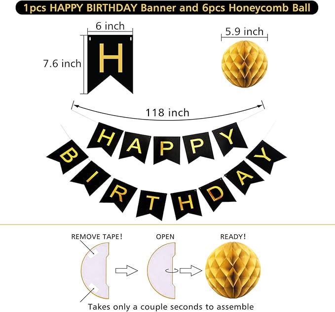 Black Birthday Decorations with Happy Birthday Banner, Paper Honeycomb Balls, Circle Garland and Hanging Swirl Decorations